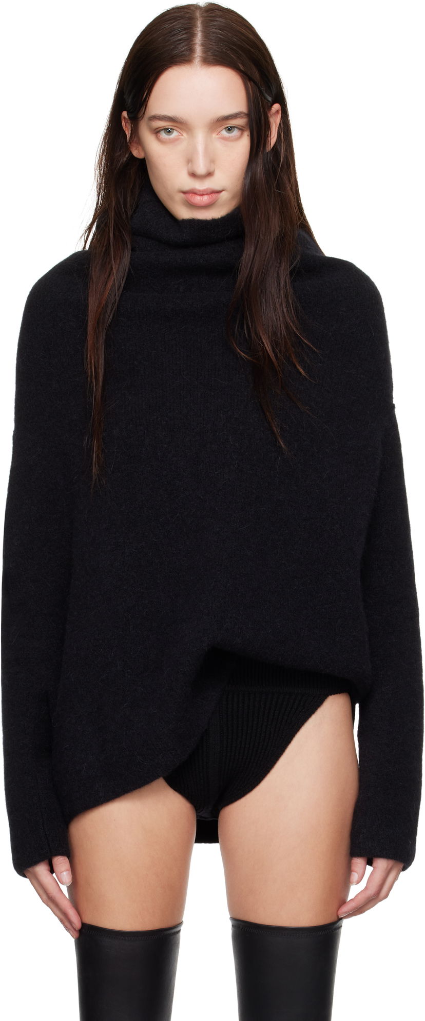 Pleteni pulover Rick Owens Turtleneck Shroud Sweater Črna | RO02D3674 KWPL