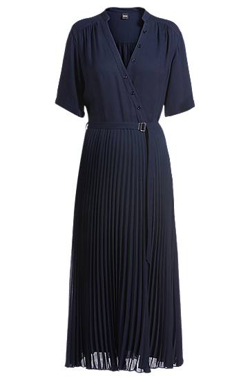 Obleke BOSS Pleated Wrap Dress with Belt Mornarica | 50530564
