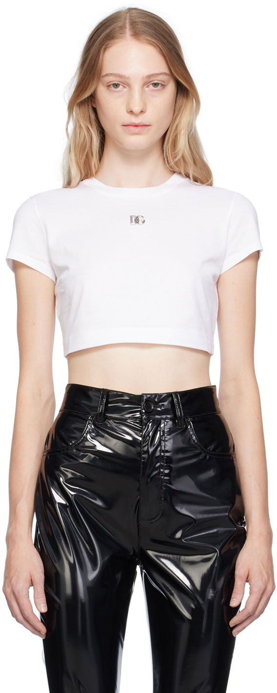 Krop-top Dolce & Gabbana White 'DG' T-Shirt Bela | F8U13T GDBUX