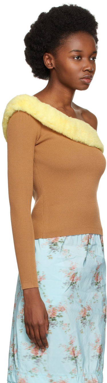 Pleteni pulover Blumarine One Shoulder Faux Fur Trimmed Sweater Roza | 2M181A, 4