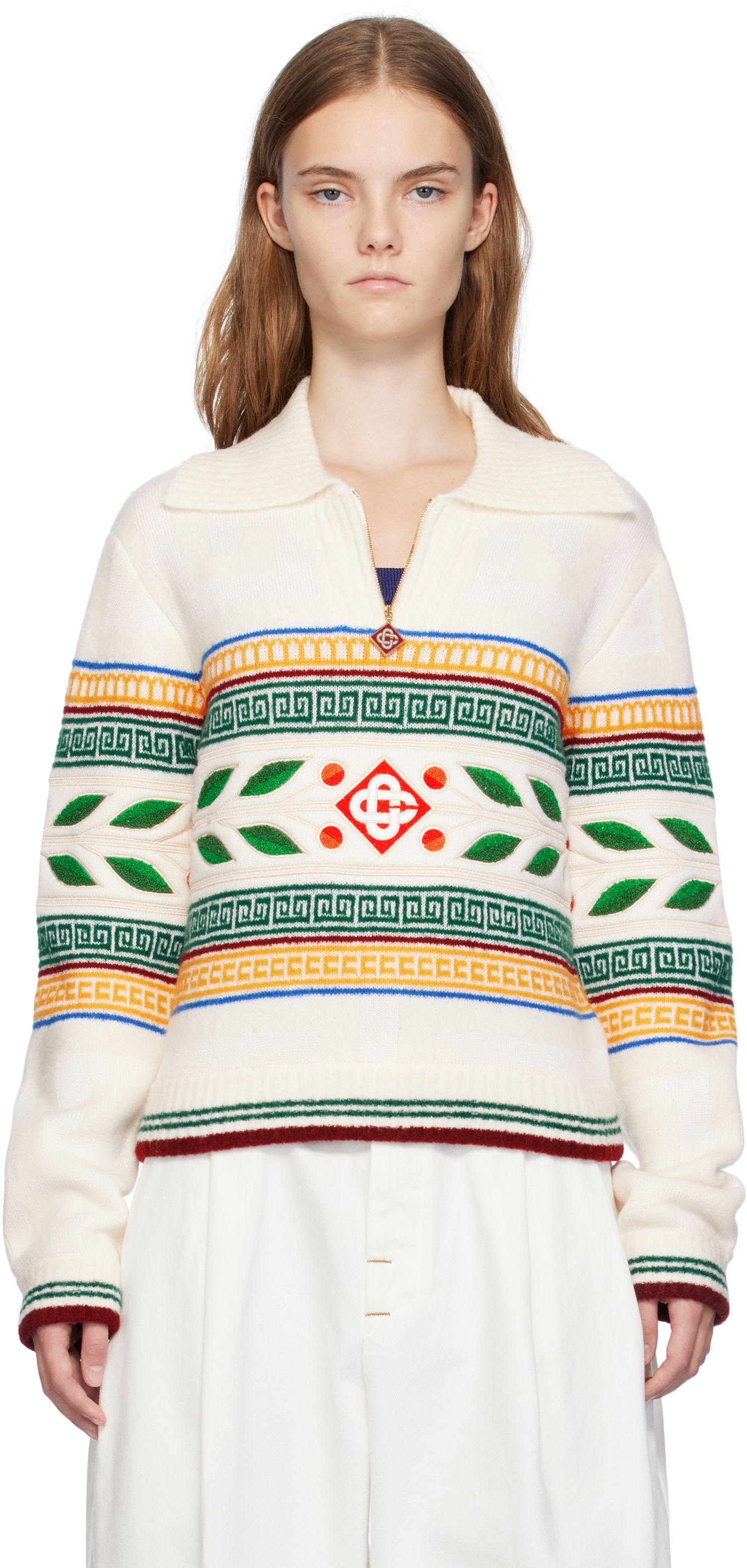 Pleteni pulover Casablanca Olympique Knit Sweater Bela | WF24-KW-774-01, 0