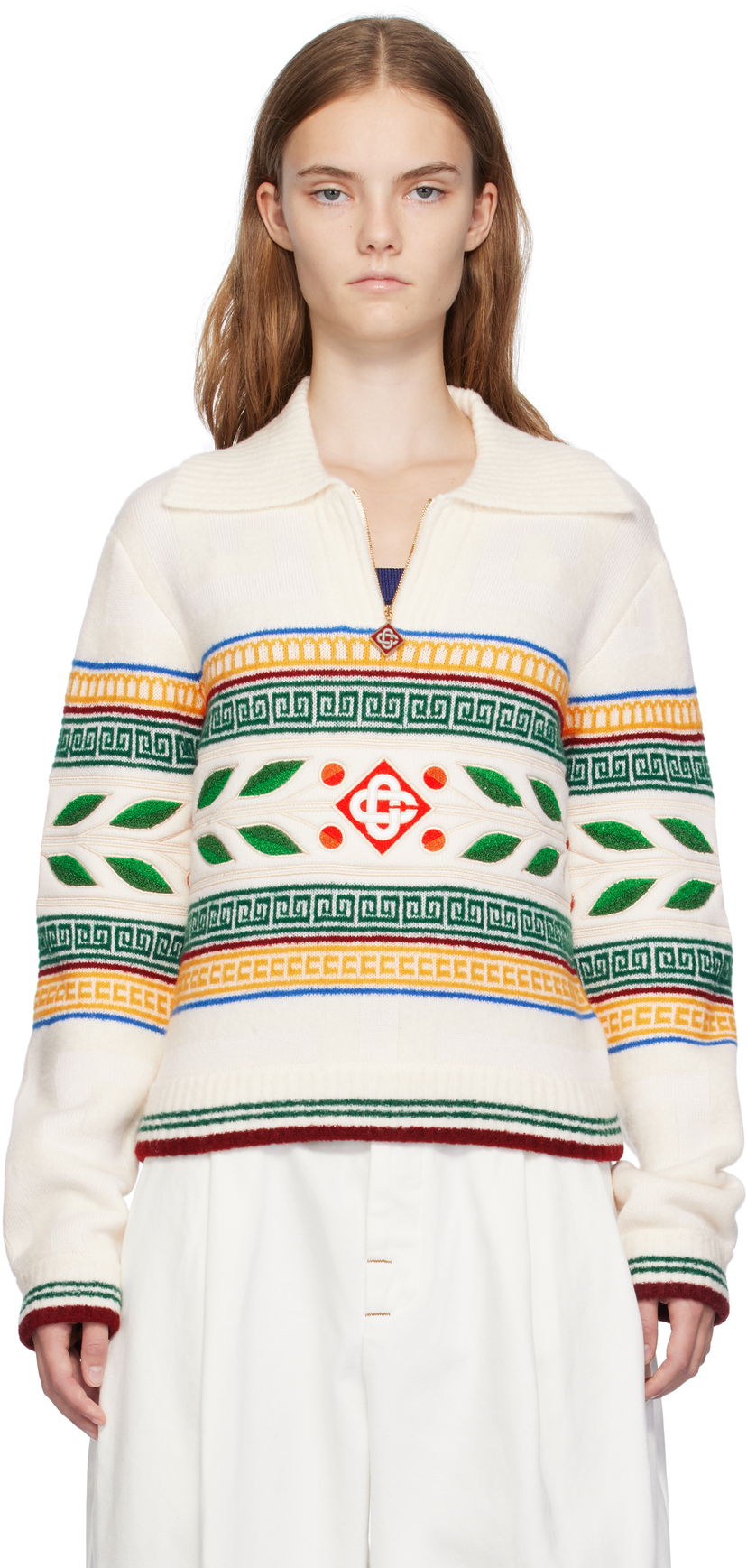 Pleteni pulover Casablanca Olympique Knit Sweater Bela | WF24-KW-774-01
