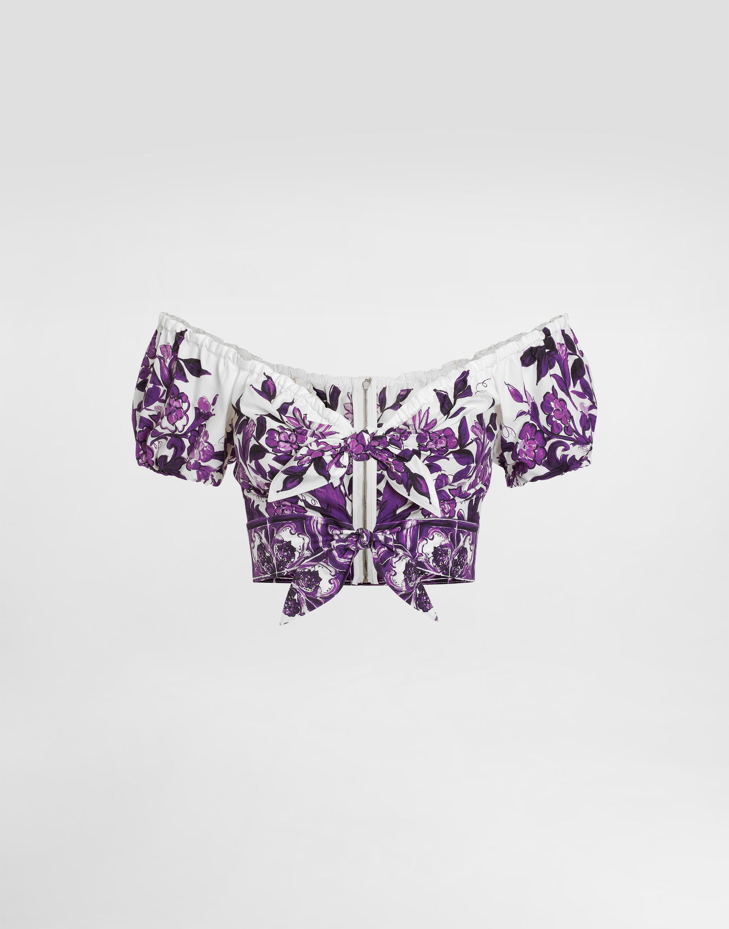 Krop-top Dolce & Gabbana Dolce & Gabbana Majolica-Print Poplin Off-Shoulder Tie-Front Top Lila | F7AV0THH5EPI13TN, 0