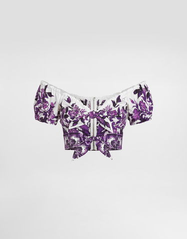 Krop-top Dolce & Gabbana Dolce & Gabbana Majolica-Print Poplin Off-Shoulder Tie-Front Top Lila | F7AV0THH5EPI13TN, 0