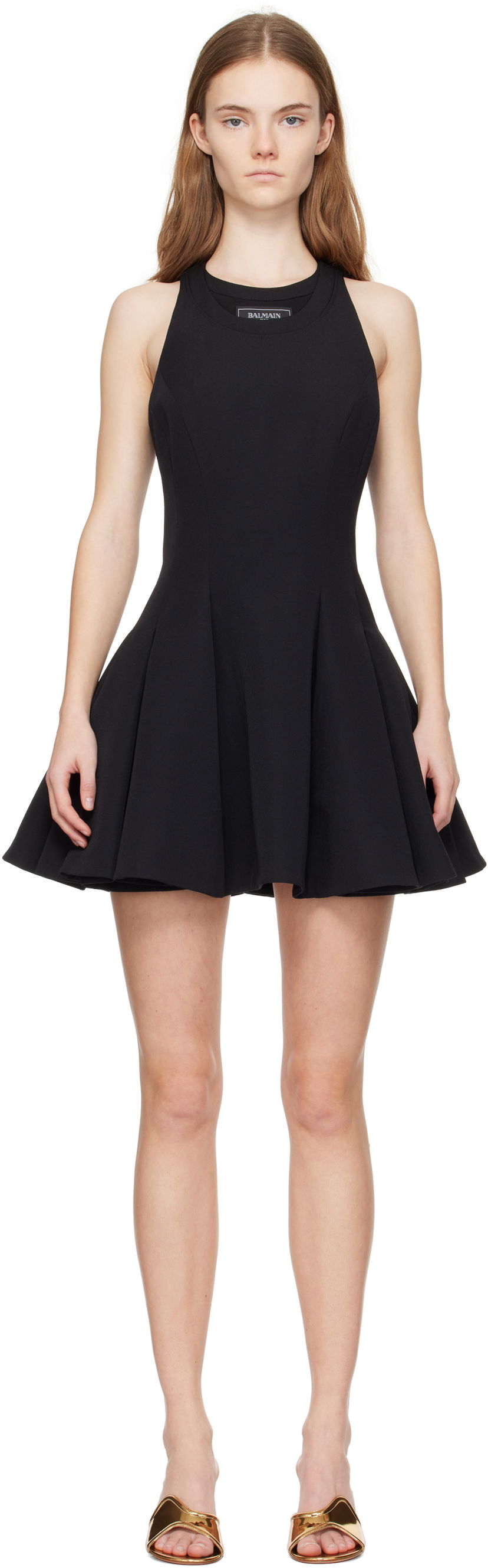 Obleke Balmain Balmain Flared Pleated Mini Dress Črna | EF1R5087ME54