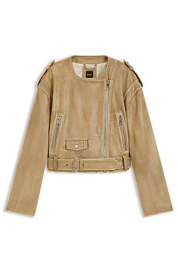 Jakna BOSS Cropped Grained Leather Biker Jacket Bež | 50543026