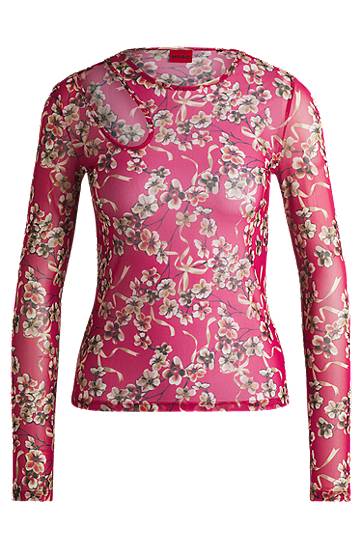 Majica BOSS Mesh Top with Cut-Out Neckline and Floral Print Roza | 50518545