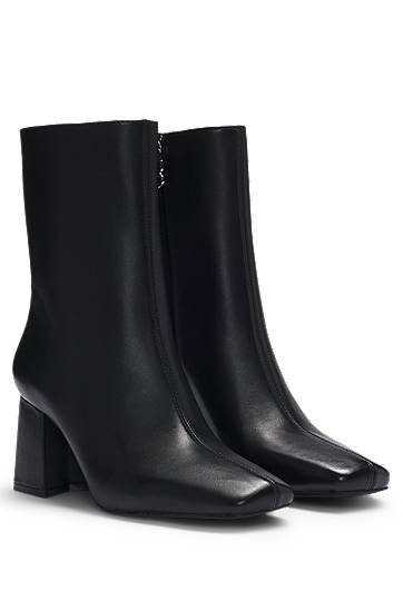 Oblačila BOSS Leather Ankle Boots with Block Heel Črna | 50531789