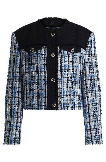 Jakna BOSS Contrast Panel Tweed Jacket with Knot Buttons Modra | 50531888