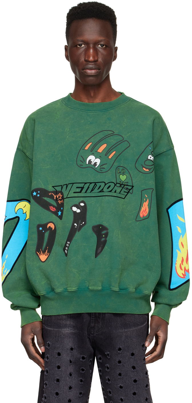Pulover We11done Graphic Print Cotton Sweatshirt Zelena | WD-TS1-22-636-U-GR