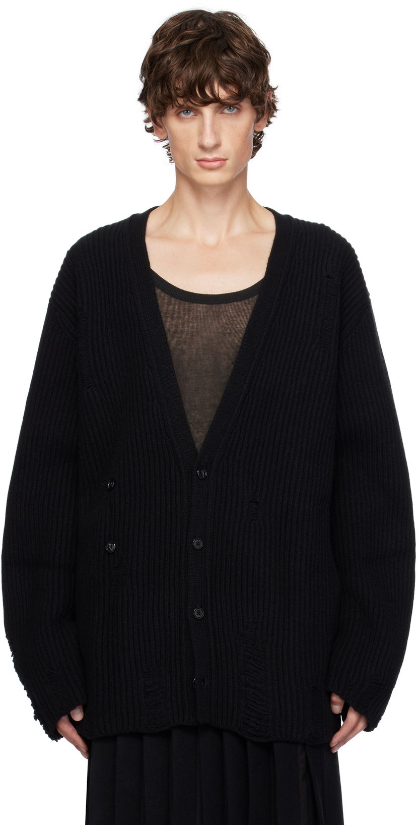Pleteni pulover Ann Demeulemeester Ingemar Oversize Distressed Cardigan Črna | 2402-M-KN31-KN048-099