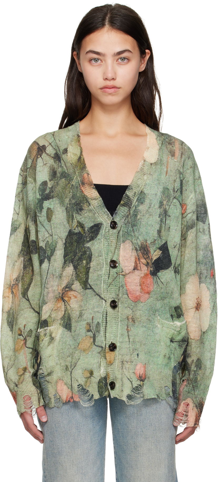 Pleteni pulover R13 R13 Boyfriend Floral Cardigan Zelena | R13WY200-Y227A