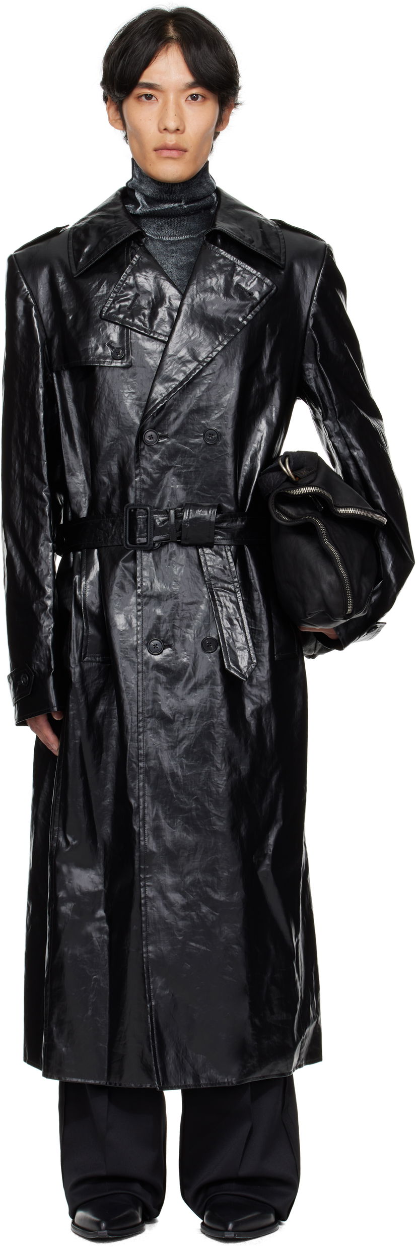 Plašči Maison Margiela MM6 Maison Margiela Shiny Coated Linen Coat Črna | SH2AH0011 M35617