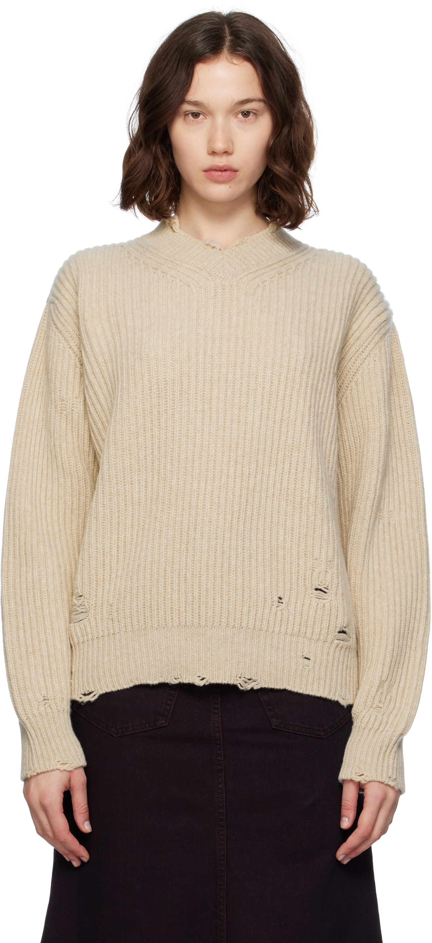 Pleteni pulover Maison Margiela MM6 Maison Margiela Distressed Wool Sweater Bež | S52HN0011 M13138, 0