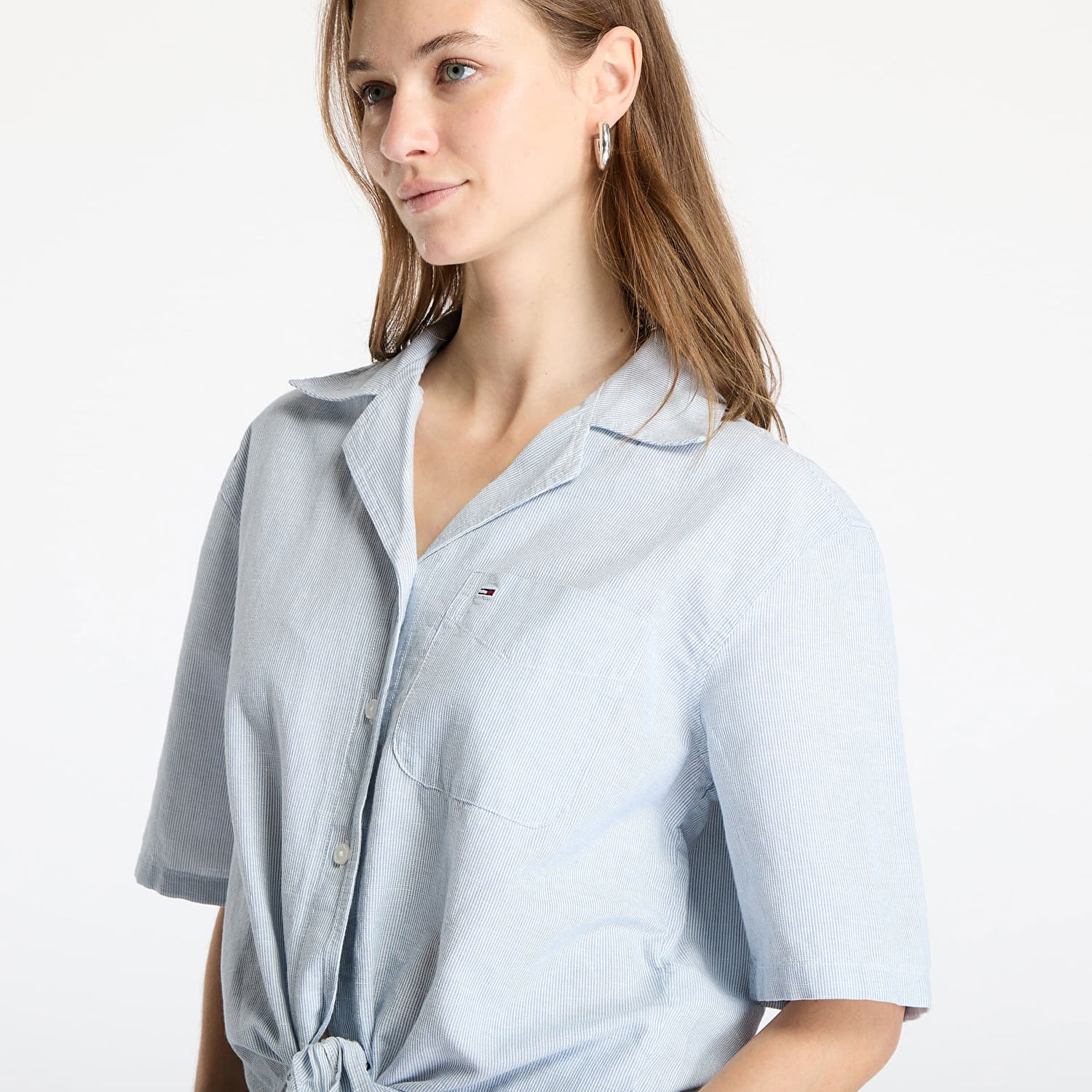 Srajce Tommy Hilfiger Tommy Jeans Women's Cropped Linen Short Sleeve Shirt Modra | DW0DW20286 0A8, 1