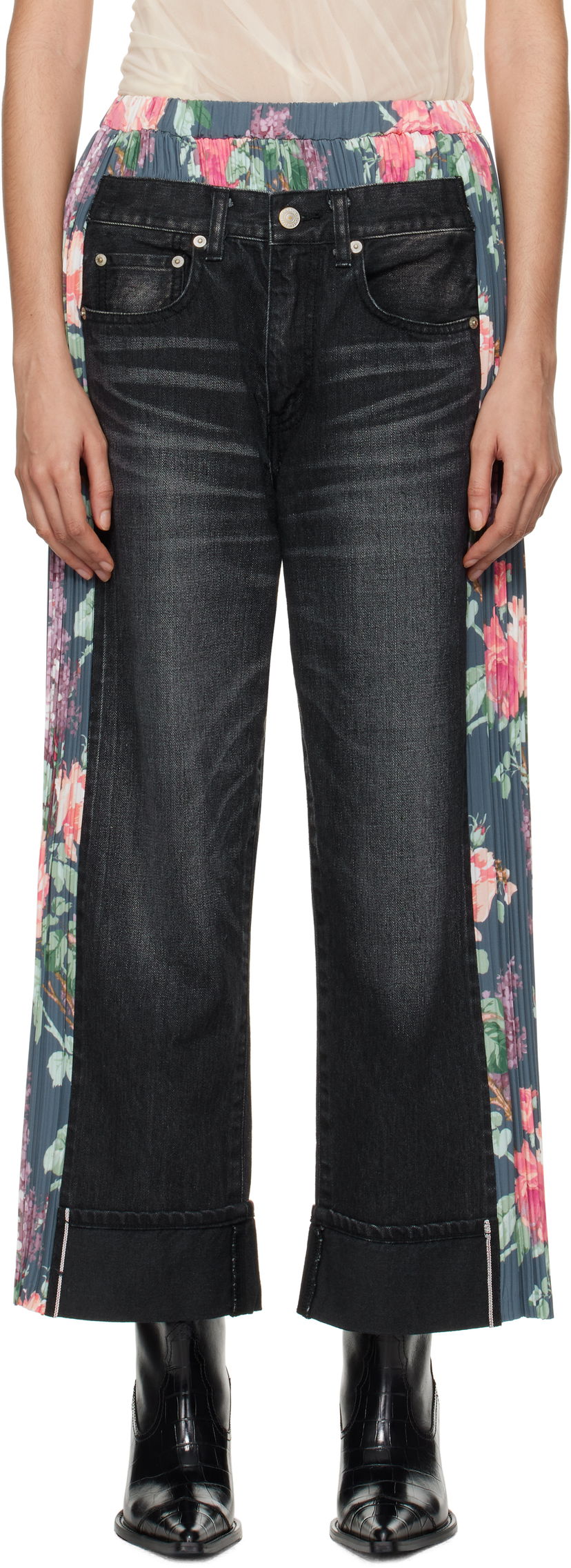 Kavbojke Junya Watanabe Flower Print Panel Jeans Črna | JN-P107-100