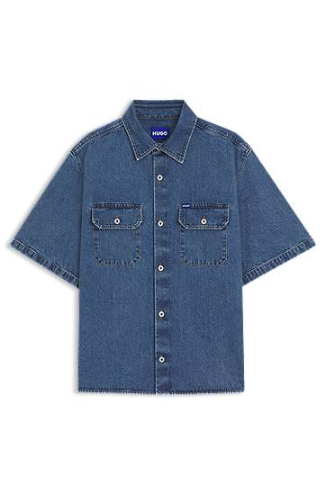 Srajce BOSS Oversized Denim Shirt with Contrast Stitching Modra | 50545213