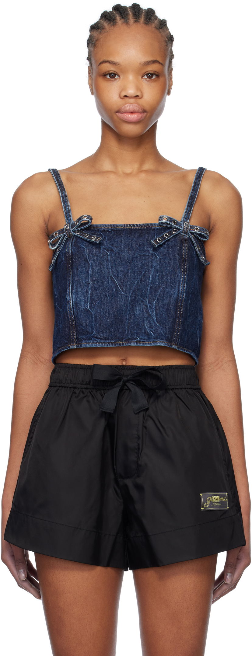 Majica brez rokavov GANNI Blue Crinkled Future Denim Strap Top Mornarica | J1592