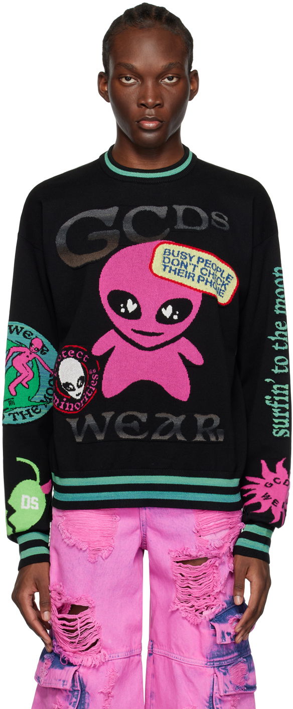 Pleteni pulover GCDS Surfing Wirdo Sweater Črna | SS23M380061