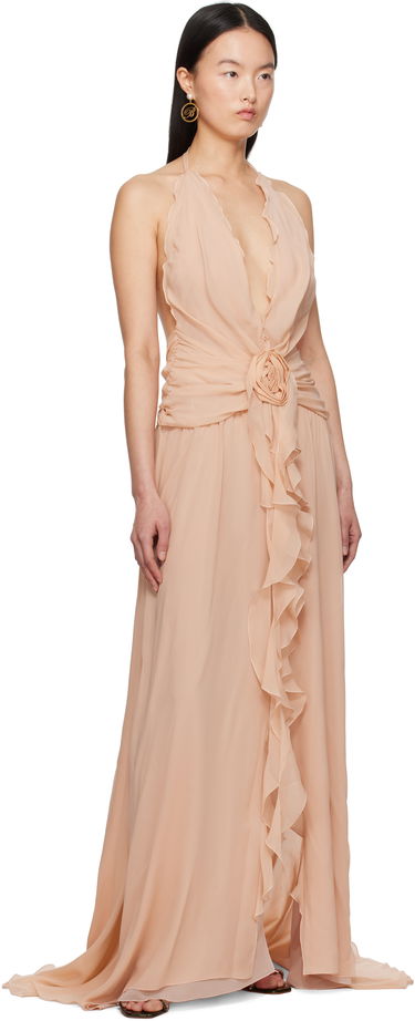 Obleke Blumarine Blumarine Georgette Maxi Dress with Ruffle Detail Bež | P522A568A, 3