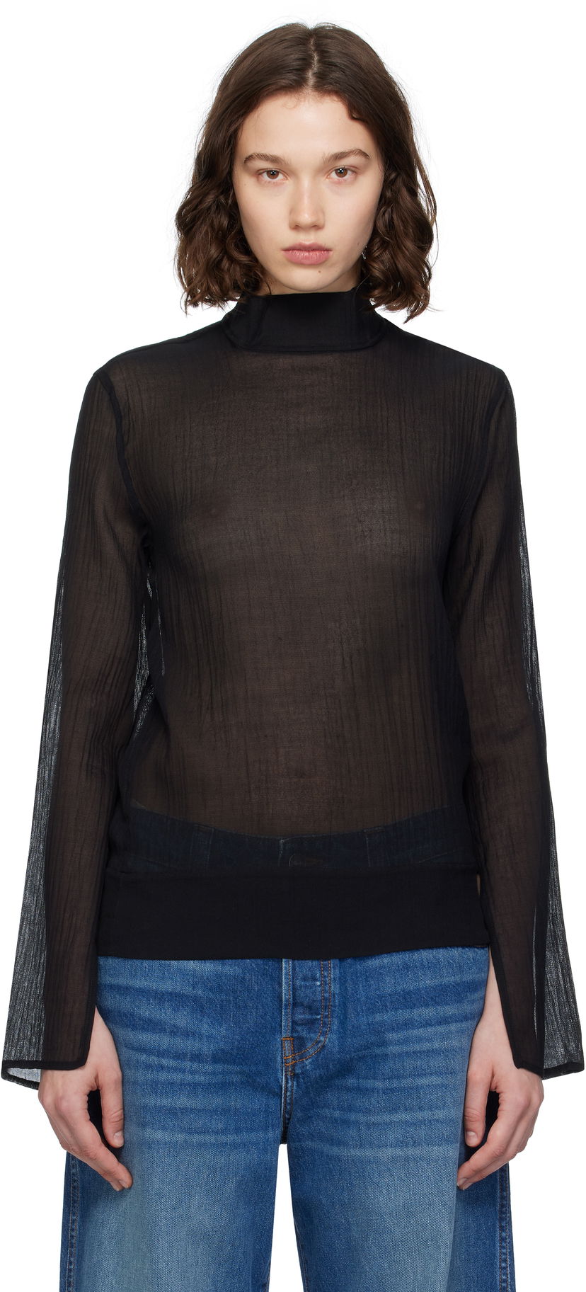 Srajce TOTEME TOTEME Slit Sleeve Mock Neck Blouse Črna | 253-WRT0546-FB0462