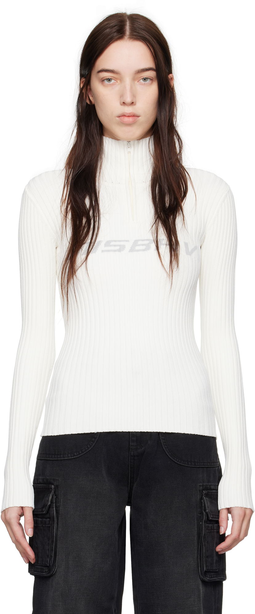Pleteni pulover MISBHV Knitted Quarter-Zip Ski Turtleneck Bela | 230B703