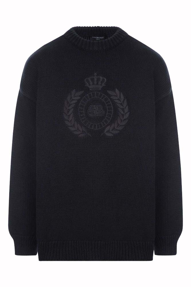 Pleteni pulover Balenciaga BB Laurel Crown Logo Crewneck Črna | 664369T32111000