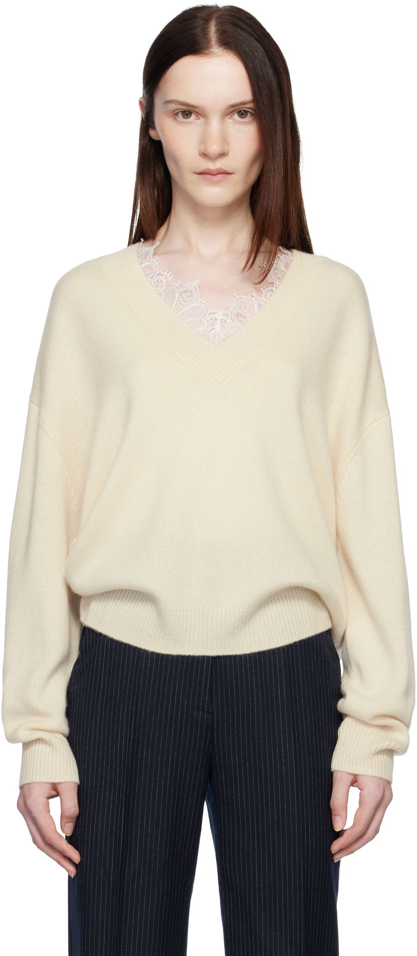 Pleteni pulover Anine Bing ANINE BING Lee Lace-Trim V-Neck Sweater Bež | A-09-3280-101