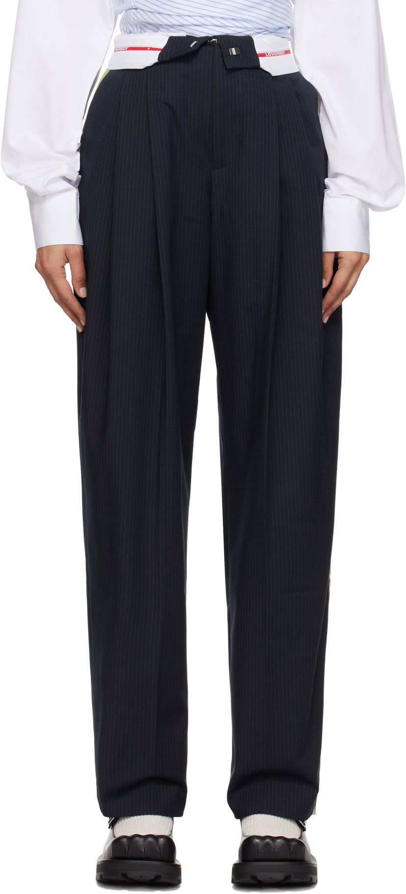 Hlače Charles Jeffrey Loverboy Edinburgh Pinstriped Relaxed Fit Trousers Mornarica | 42030201