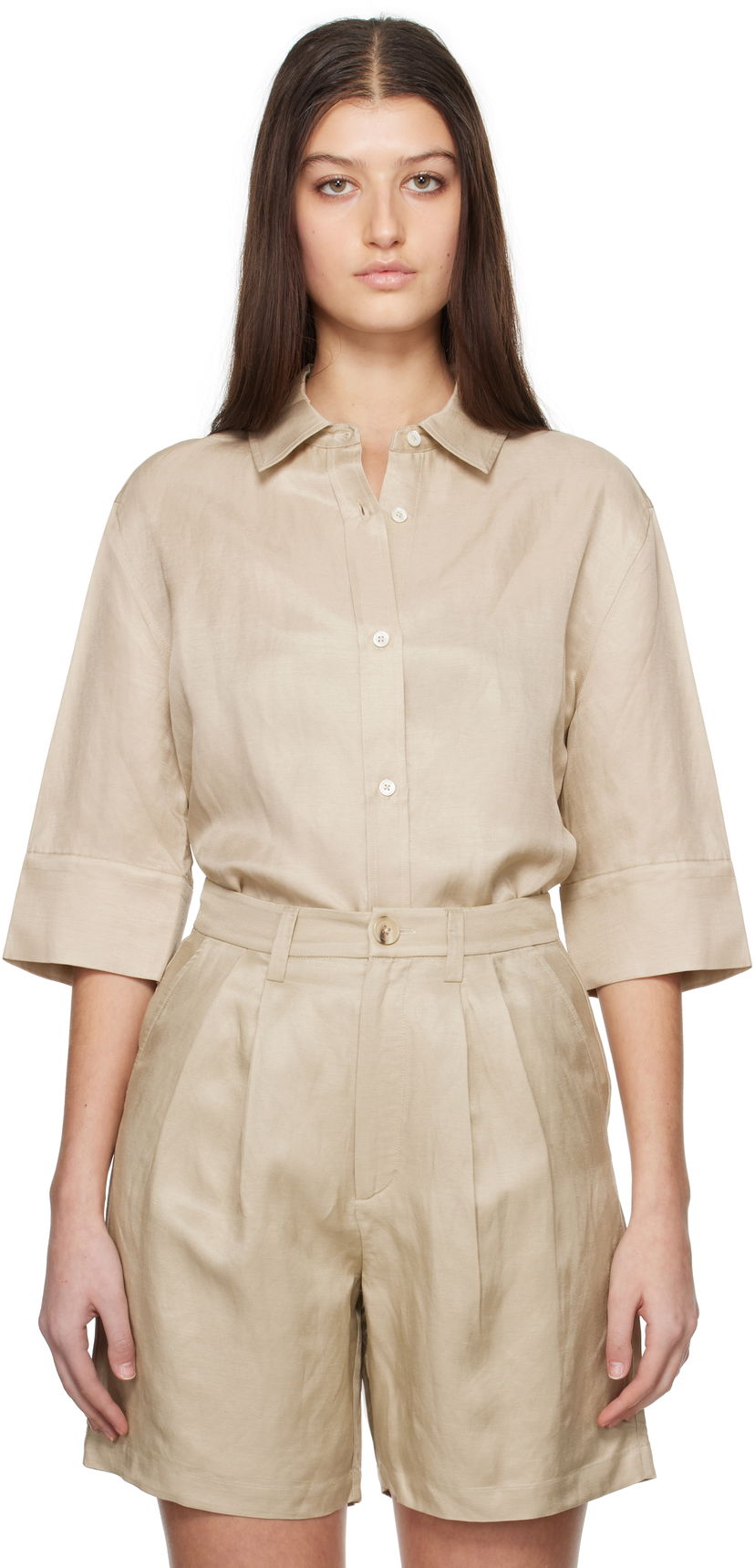 Kratke hlače Anine Bing Anine Bing Mary Linen Collared Shirt Bež | A-07-10803-OMA10