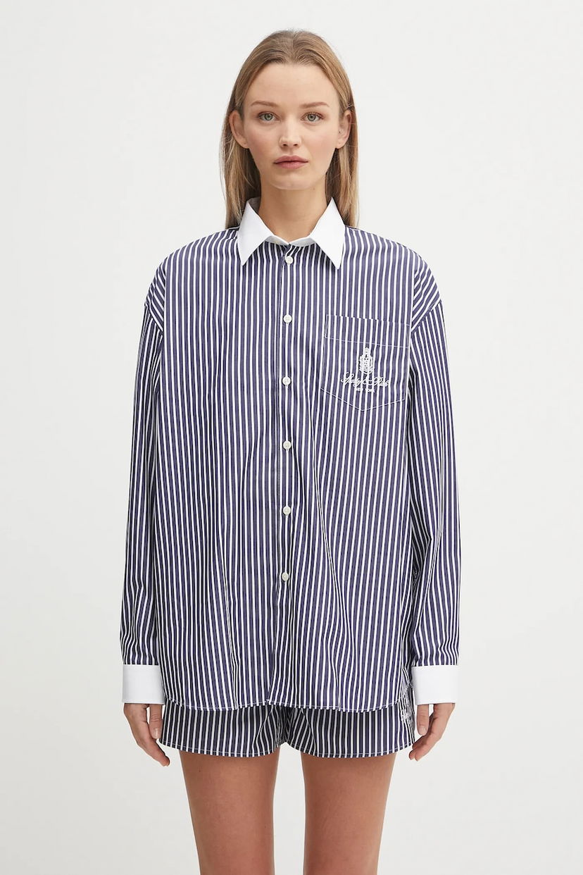 Srajce Sporty & Rich Sporty & Rich Vendome Oversized Relaxed Striped Cotton Shirt with Classic Collar Mornarica | SI019602231ST02