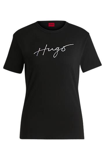 Majica BOSS Cotton T-Shirt with Signature Logo Print Črna | 50535491