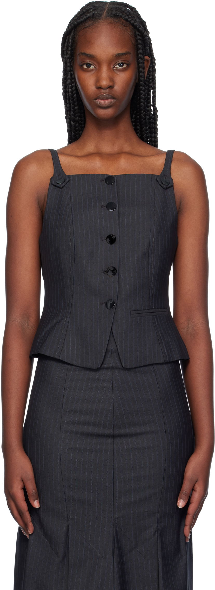 Majica brez rokavov GANNI Striped Button-Up Suit Vest Črna | F9484