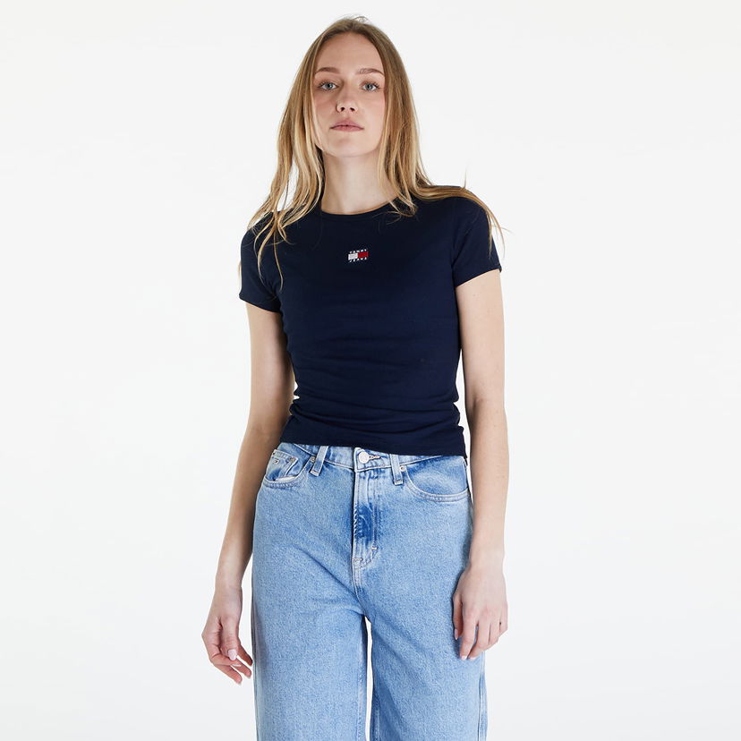 Majica Tommy Hilfiger Slim Badge Ribbed Tee Dark Night Navy Črna | DW0DW17881 C1G