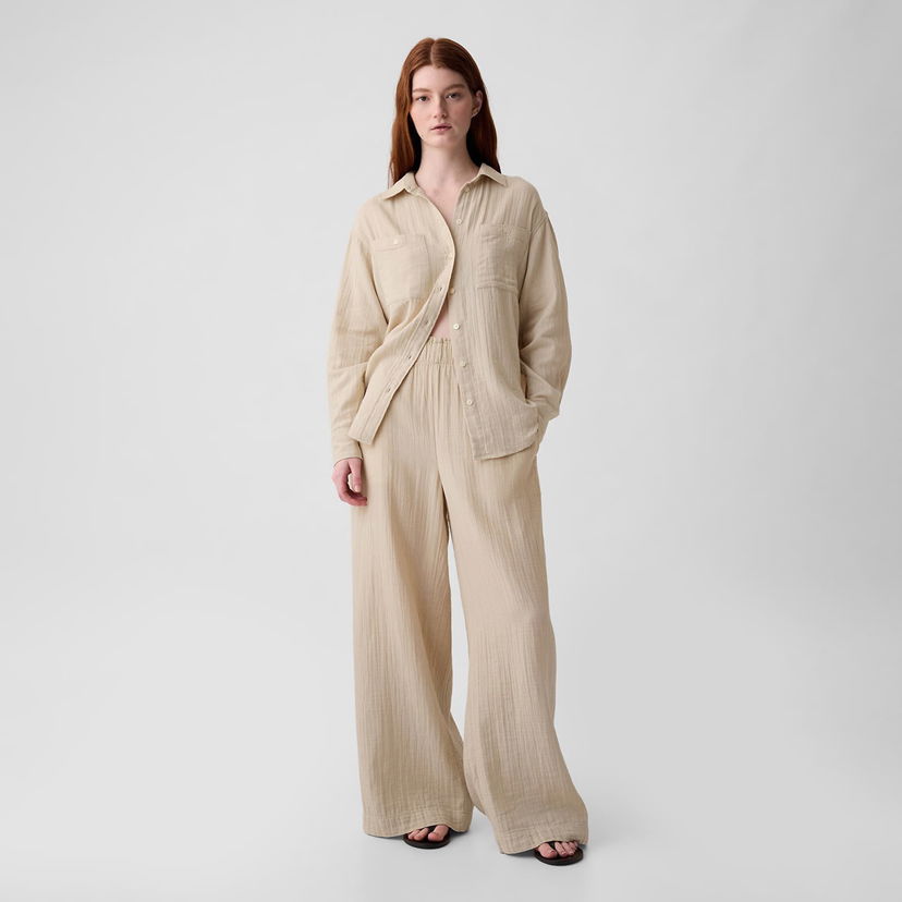 Hlače GAP Gauze Wide Leg Pants Bedrock Bež | 855967-01