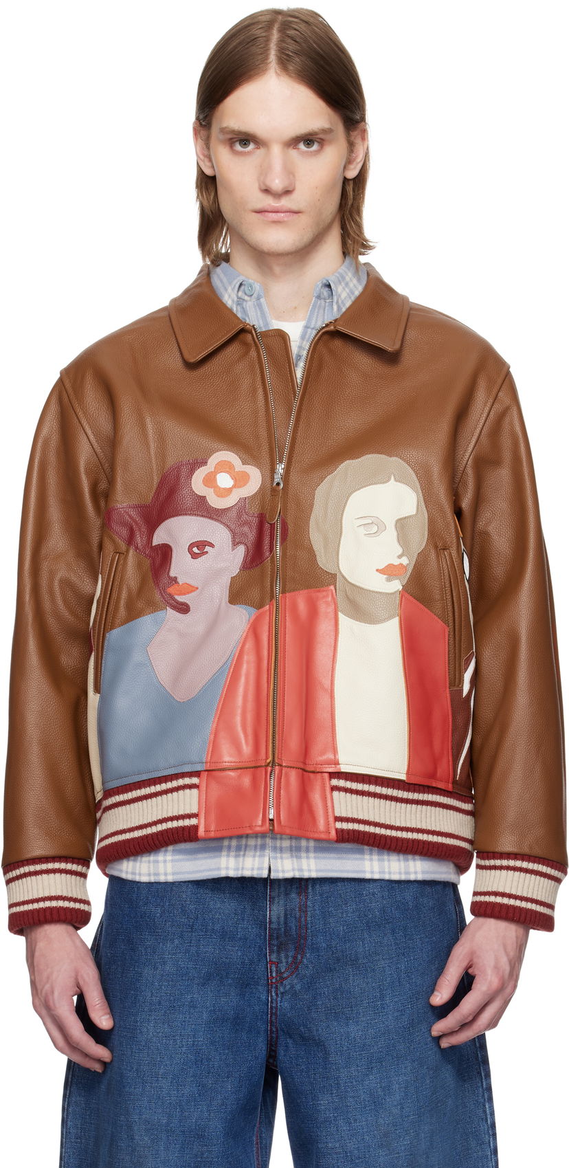 Bomber jakna KidSuper KidSuper Patchwork Portraits Leather Varsity Jacket Rjava | SS25-OW-03