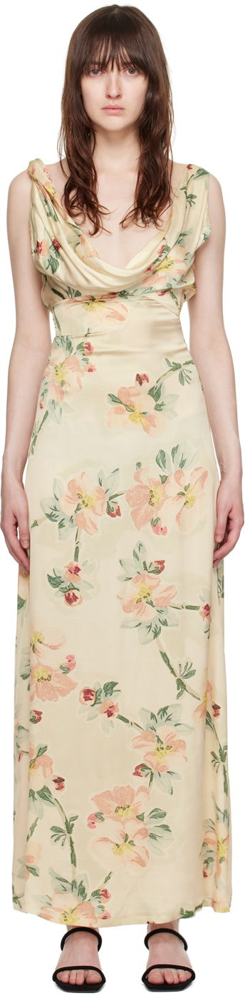 Obleke TOTEME TOTEME Women's Floral Print Twist Maxi Dress Bež | 243-WRD1924-FB0220