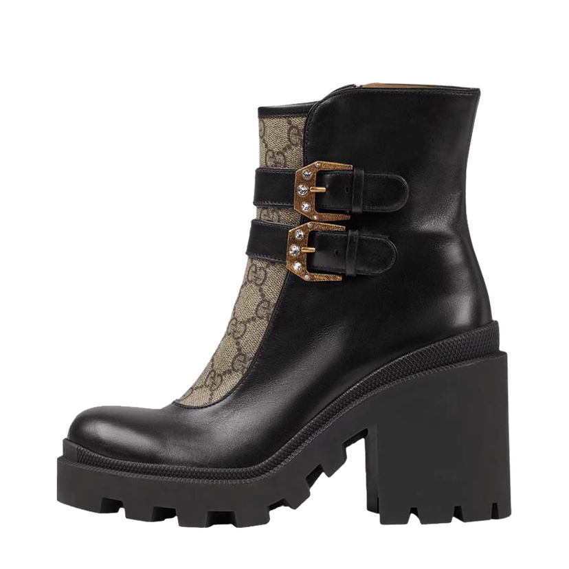 Superge in čevlji Gucci Buckles Ankle Boots Black Beige (Women's) Črna | 701100 UVV20 1182