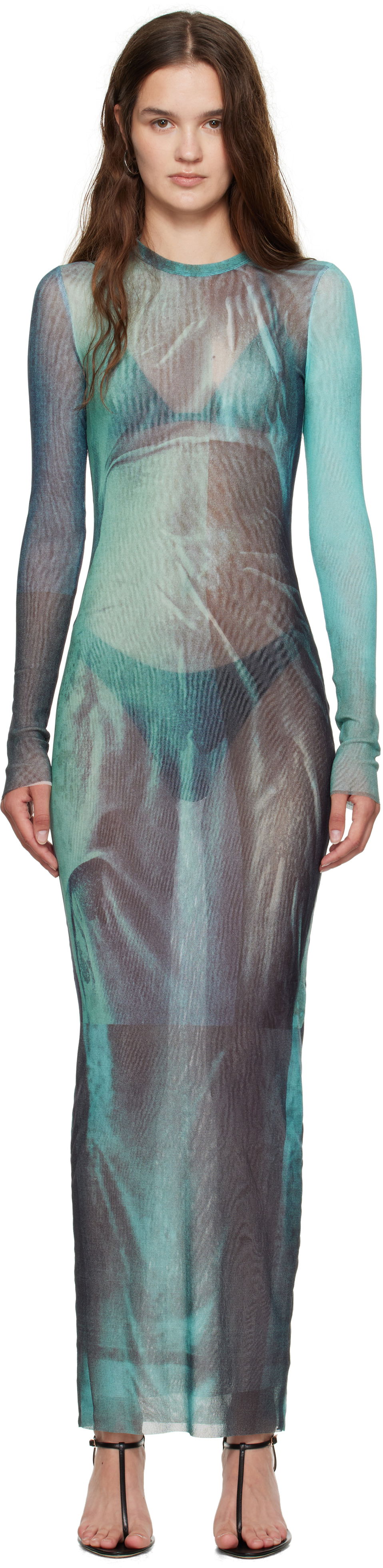 Obleke Jean Paul Gaultier Jean Paul Gaultier 'The Long Water' Mesh Maxi Dress Turkizna | 25/03-W-DR027-M004P-5557, 0