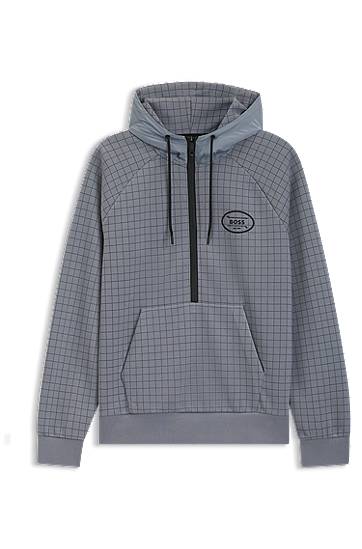 Pulover BOSS Stretch Piqué Check-Print Hoodie with Golf Artwork Siva | 50543465