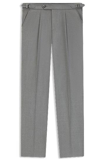 Hlače BOSS Tapered-fit pleated trousers with side adjusters in melange virgin wool Siva | 50551829, 0