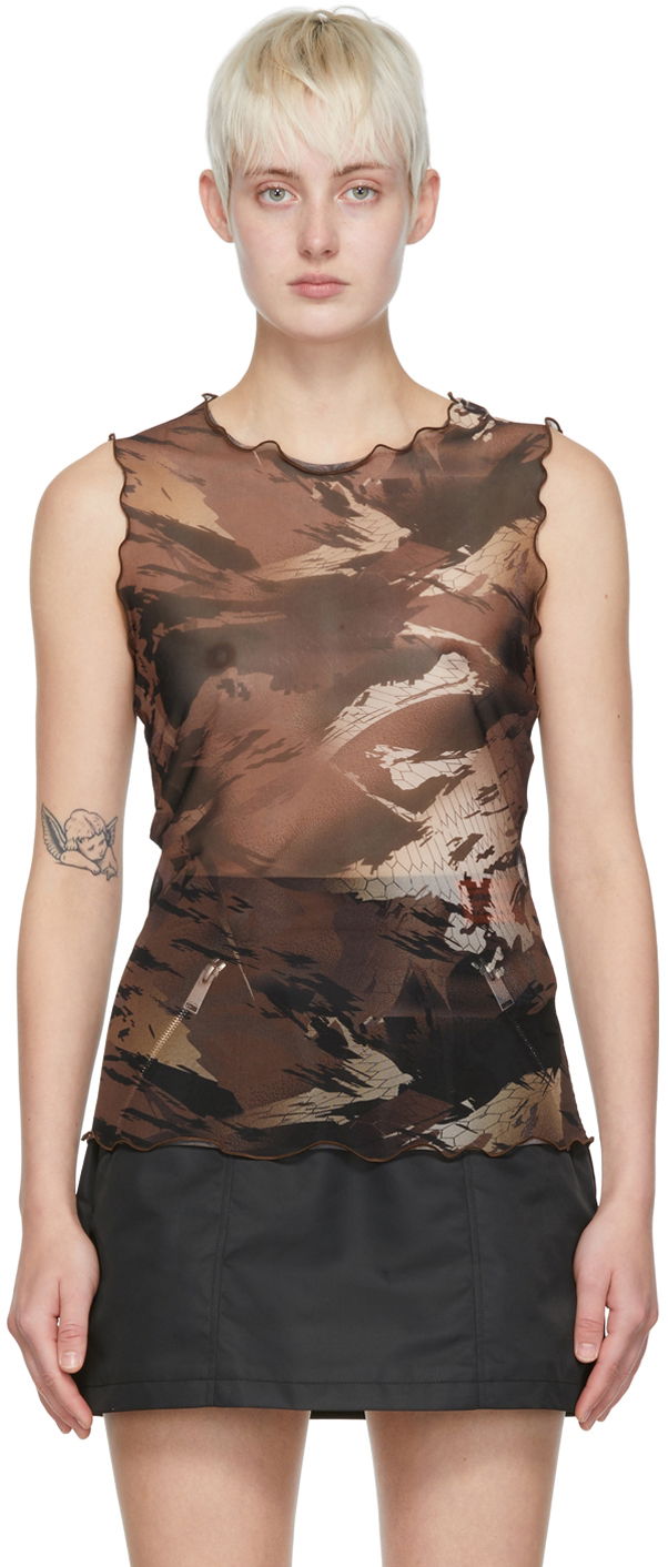 Majica brez rokavov HERON PRESTON Printed Nylon Tank Top Rjava | HWAC003S22FAB0026400