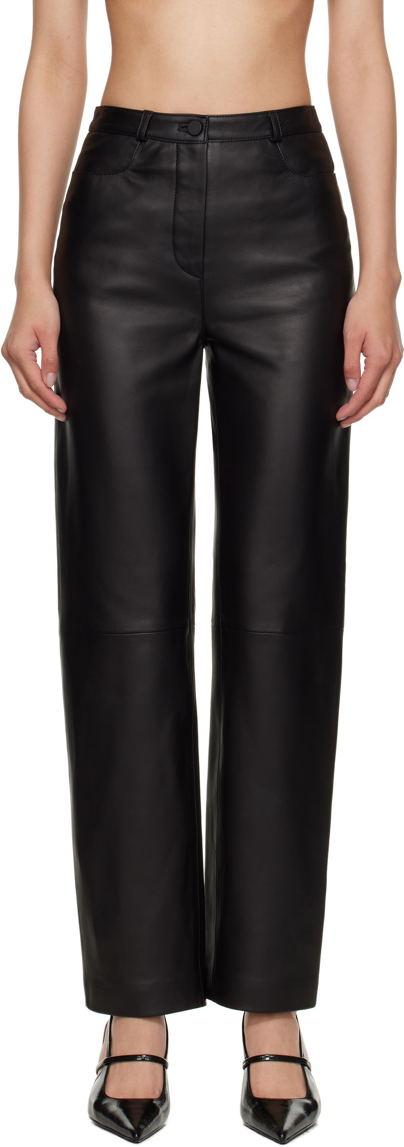 Hlače Loulou de Saison Cobe Paneled Straight-Leg Leather Pants Črna | COBE