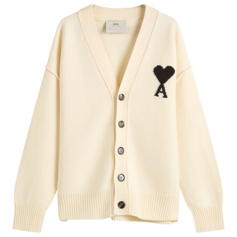 Pleteni pulover AMI AMI Paris Men's Felted Merino Wool ADC Cardigan, Size Large Bela | H25UKC367-018-151H25