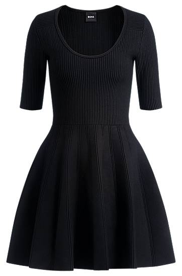 Obleke BOSS BOSS Ottoman-Structured Stretch Knit Fit-and-Flare Dress Črna | 50530722