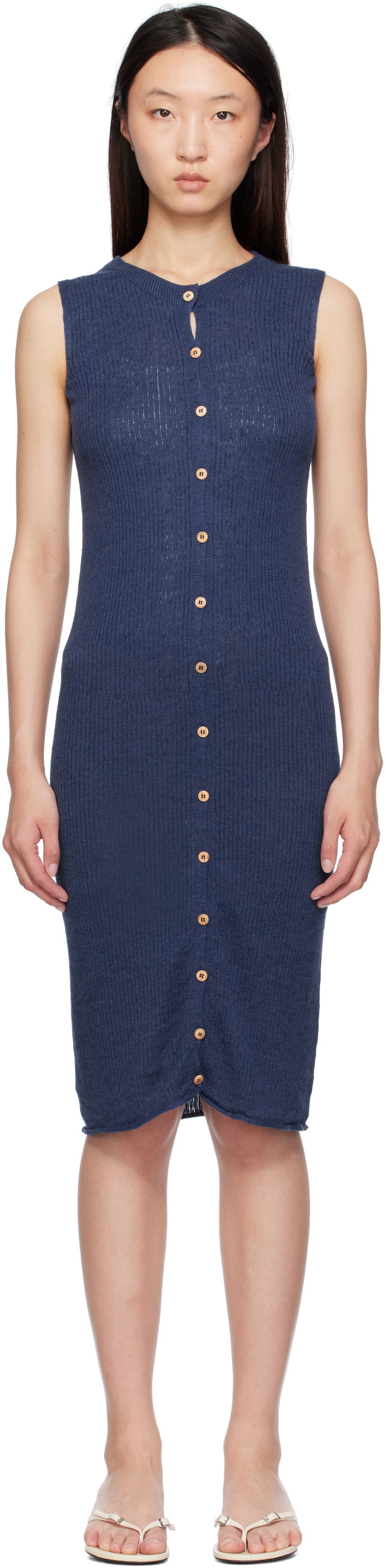 Obleke Baserange Baserange Sleeveless Button-Front Midi Dress Modra | DRDR-LI-SU25