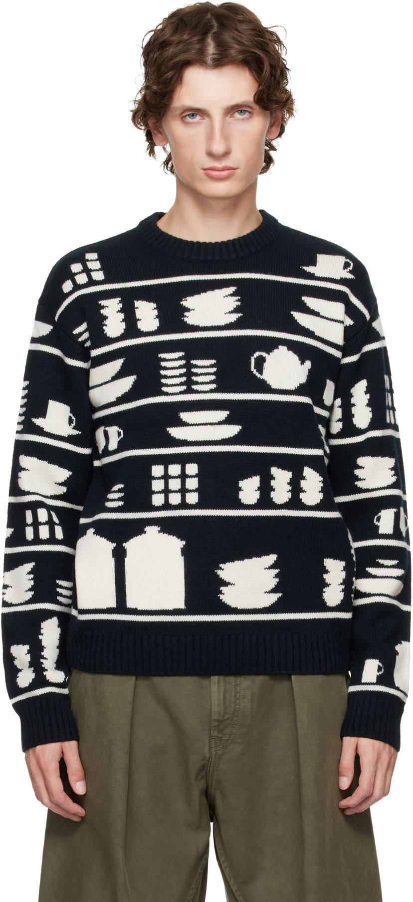 Pleteni pulover JW Anderson Crockery Jacquard Sweater Mornarica | KW1431-YN0379