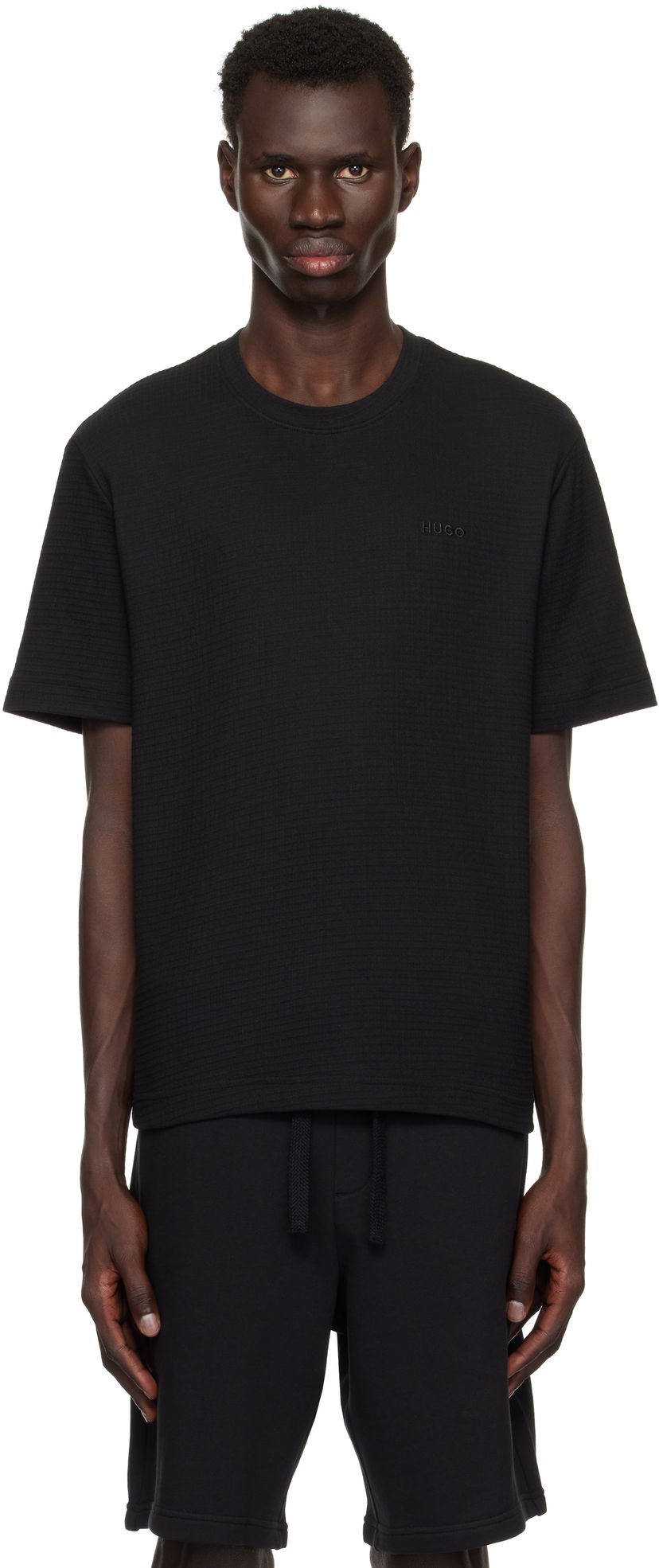 Majica BOSS Hugo Waffle-Structured Logo Embroidered T-Shirt Črna | 50532011