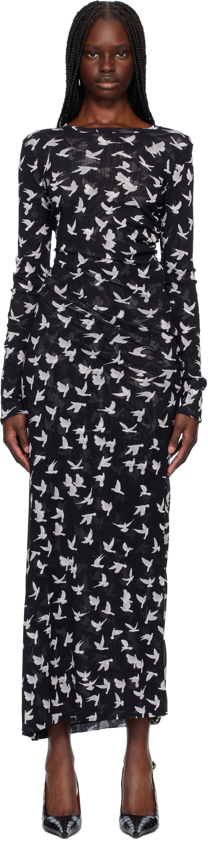 Obleke Stella McCartney Stella McCartney Dove Print Mesh Maxi Dress Črna | 6J03353SPZ89