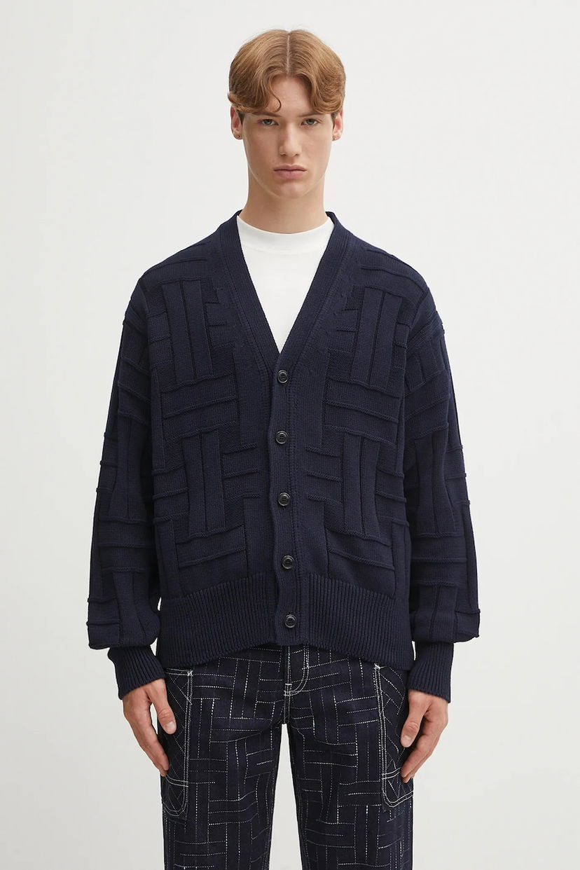 Pleteni pulover KENZO Kenzo Gots Kenzo Weave Patterned V-Neck Cardigan Mornarica | FF55CA7073CB